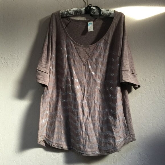Women's Avec Sequins Blouse Top Scoop Neck Half Sleeve XL Cotton Brown - Picture 1 of 8